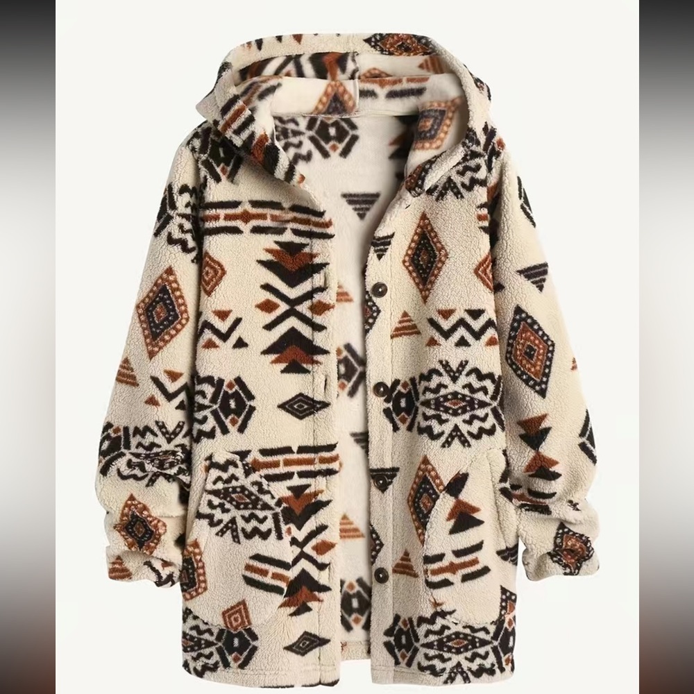 Aztec print button up Teddy coat